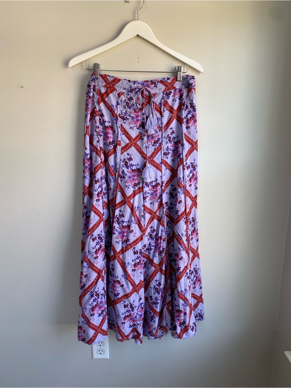 Free People Lavender Floral Wide Leg Pants with Red Lattice - Picture 4 of 9